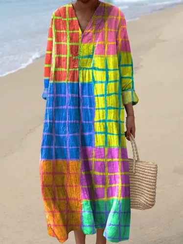 Elegant women's colorful patchwork maxi dress, V-neck, long sleeve. Versatile for casual summer or spring occasions.