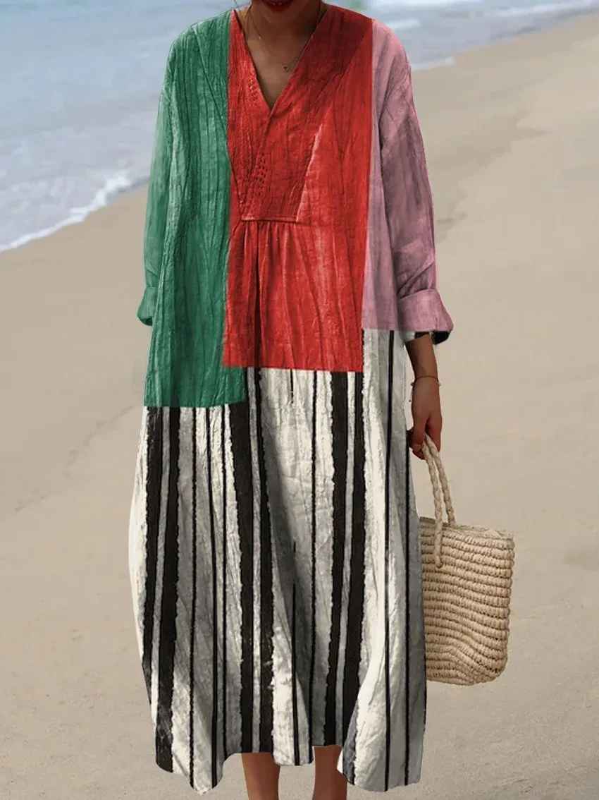Comfortable women's long sleeve maxi dress with unique colorful patchwork print. Elegant casual style, spring/summer.