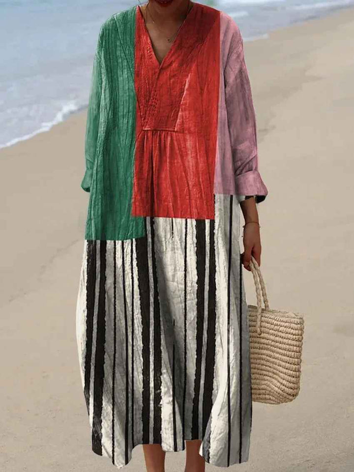 Comfortable women's long sleeve maxi dress with unique colorful patchwork print. Elegant casual style, spring/summer.