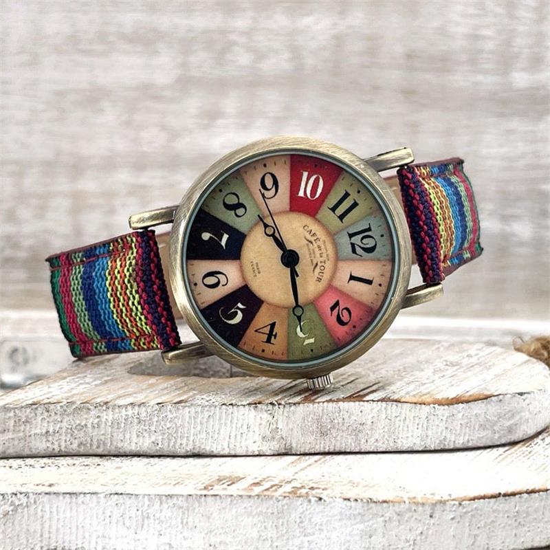 Women's colorful rainbow pattern watch with an elegant braided strap, perfect fashion accessory for casual wear