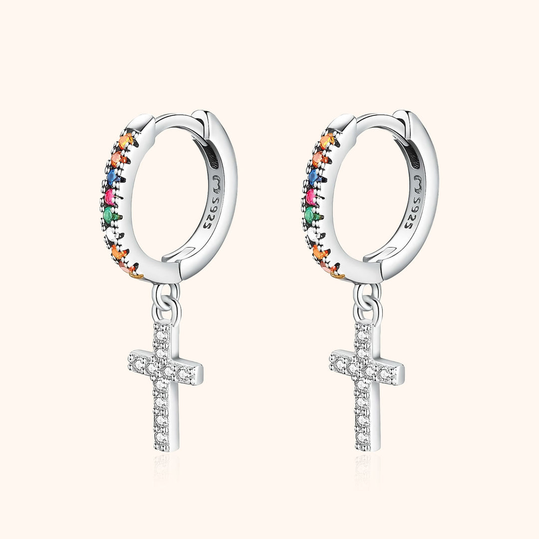 Women's colorful zirconia cross dangle earrings, gold plated sterling silver, elegant spiritual jewelry gift.