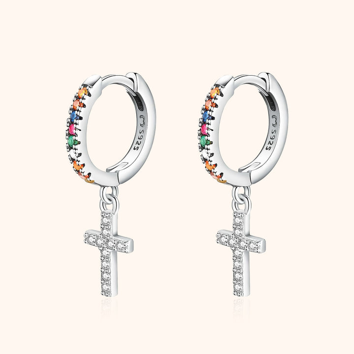 Women's colorful zirconia cross dangle earrings, gold plated sterling silver, elegant spiritual jewelry gift.