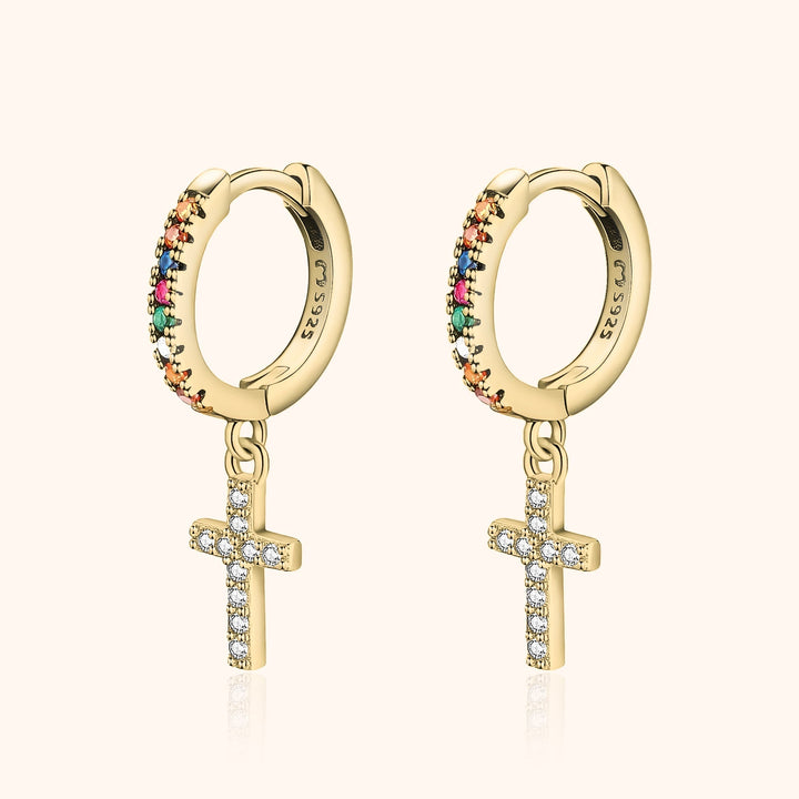 Elegant women's colorful zirconia cross dangle earrings, sterling silver gold plated, perfect spiritual jewelry gift.