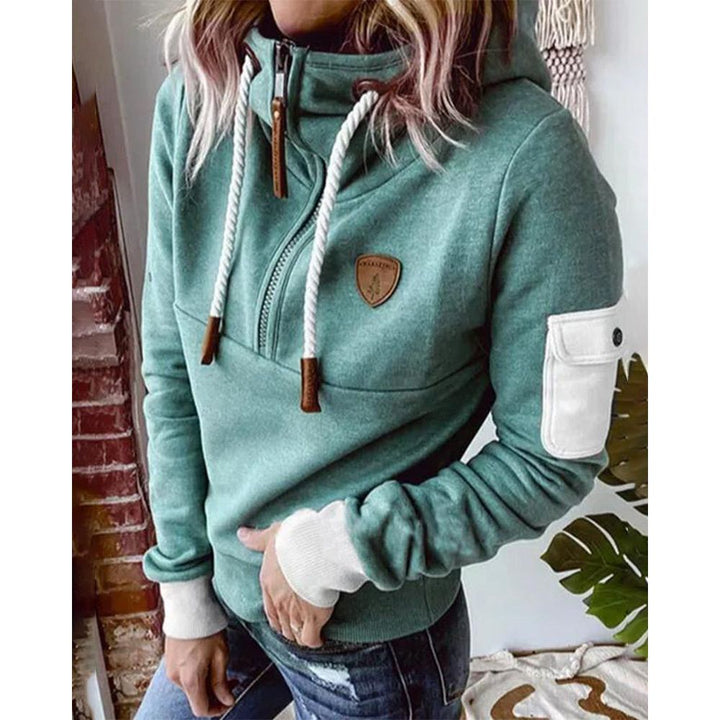Women's comfort fit zip hoodie in solid color, perfect for everyday casual wear & layering in fall/winter.