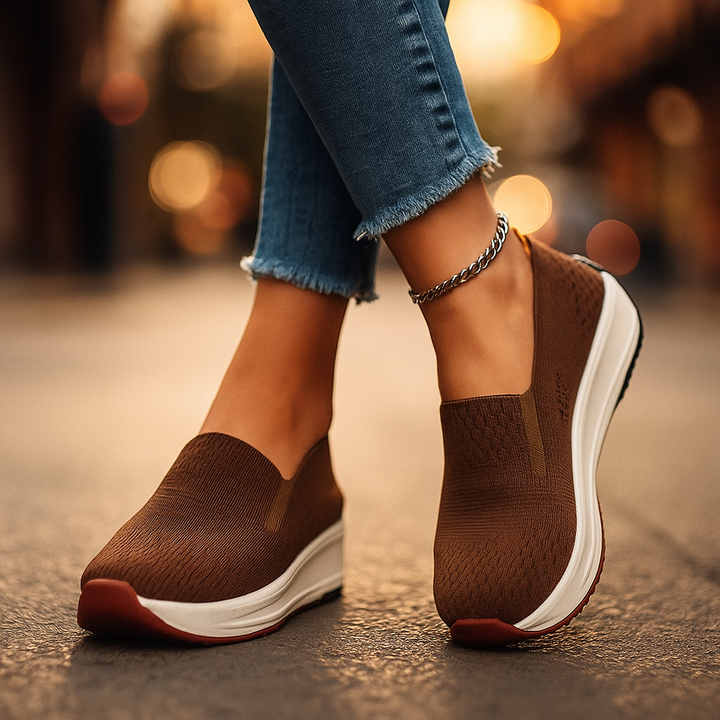 Breathable knit women's slip-on walking shoes, stylish and comfortable footwear for casual and active lifestyles.