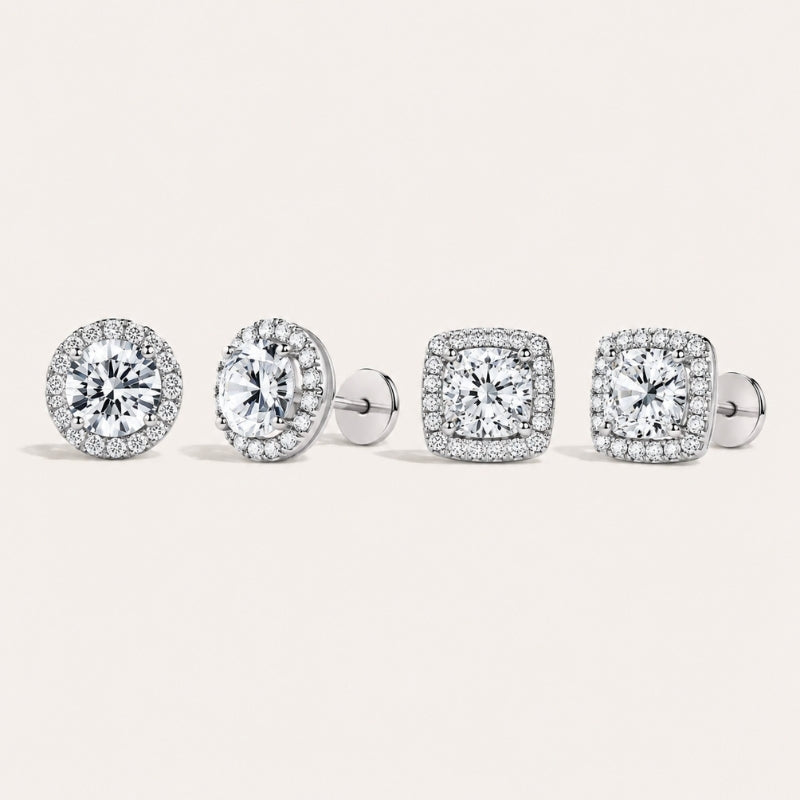 Women's comfort halo stud earrings set, sterling silver, flat back, perfect for all-day wear & sleep.