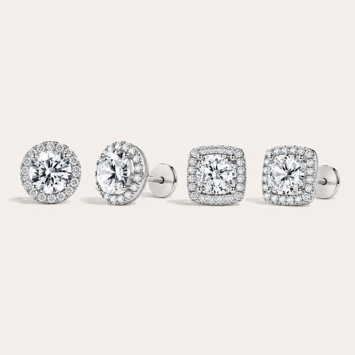 Women's comfort halo stud earrings set, sterling silver, flat back, perfect for all-day wear & sleep.