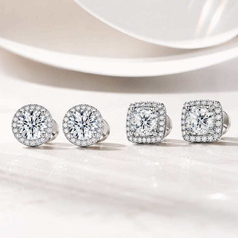 Sterling silver halo stud earrings for women, comfortable flat back design, ideal for sensitive ears.