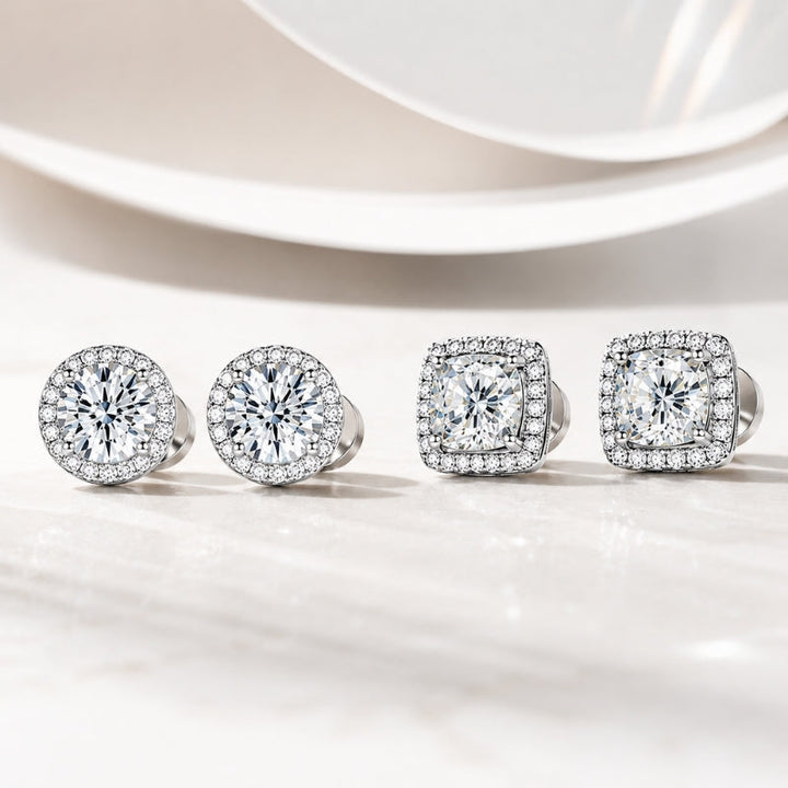 Sterling silver halo stud earrings for women, comfortable flat back design, ideal for sensitive ears.