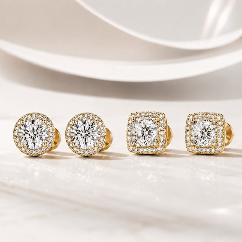 Silver or gold comfortable flat back stud earrings set, women's halo design, sleep safe.