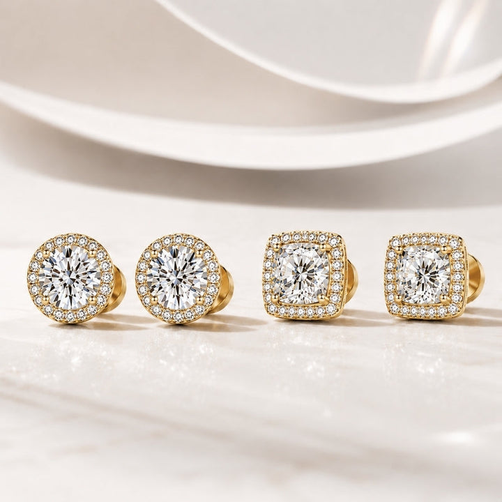 Silver or gold comfortable flat back stud earrings set, women's halo design, sleep safe.