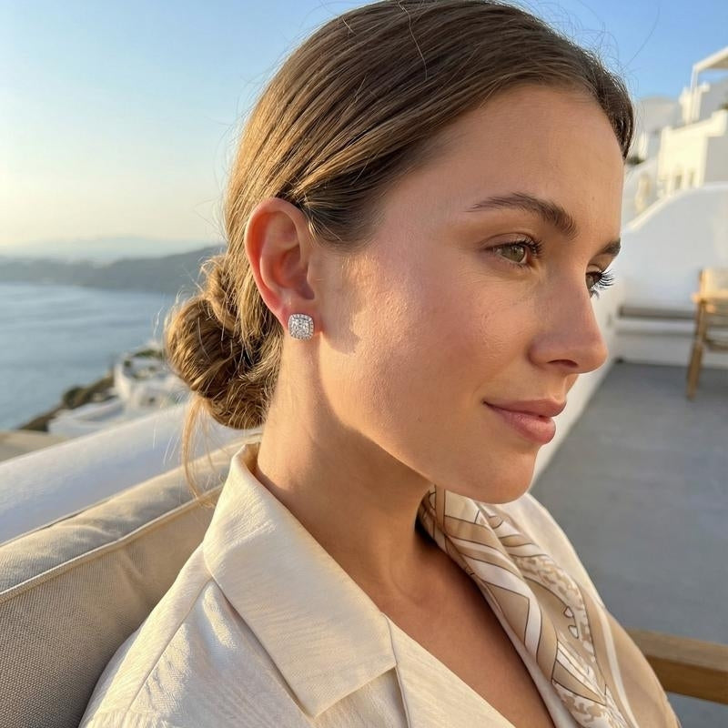 Women's comfortable flat back stud earrings set, sterling silver halo design, great for daily wear.
