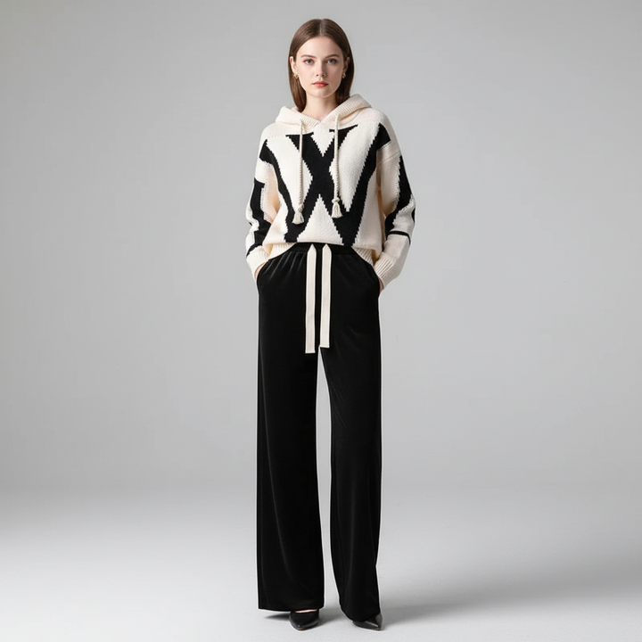 Cozy two-piece knitted set for women, featuring a soft sweater and wide-leg pants