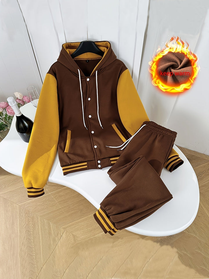 Women's comfortable 2-piece color-block tracksuit with hood, perfect for loungewear or active lifestyle.