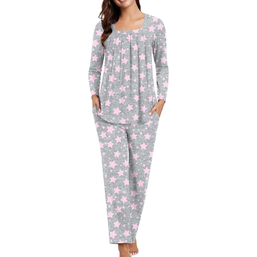 Relaxed fit 2-piece women's pajama set with pockets, perfect for cozy evenings