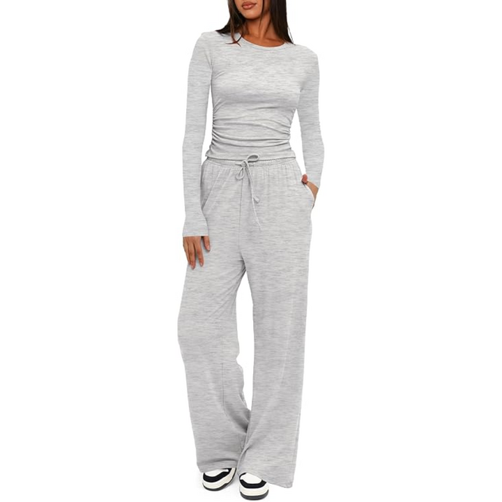 Women's comfortable autumn two-piece lounge set with long sleeve top and wide leg pants in soft fabric