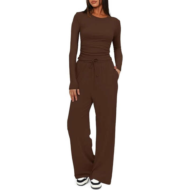 Close-up of the fabric texture of the comfortable women's two-piece lounge set, autumn fashion