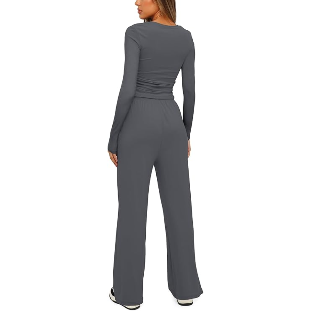 Stylish women's autumn loungewear set with a long sleeve top and flowy wide leg pants design