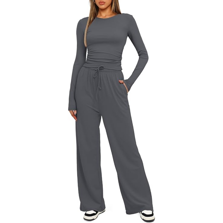 Versatile women's two-piece set, Lieke, ideal for home or casual outings, includes top & wide leg pants
