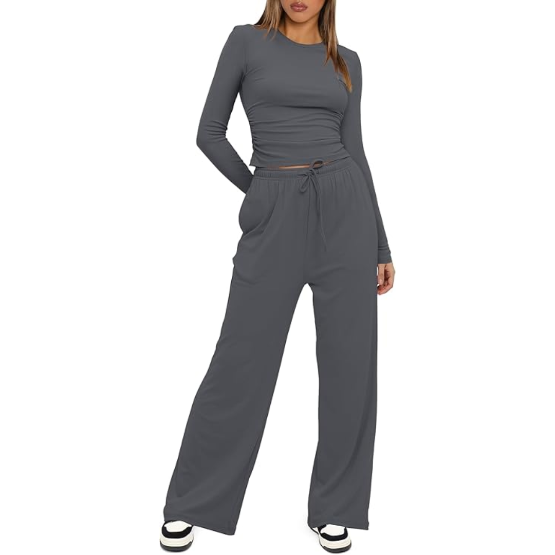 Full shot of the women's comfortable long sleeve top and wide leg pants lounge set, perfect for autumn