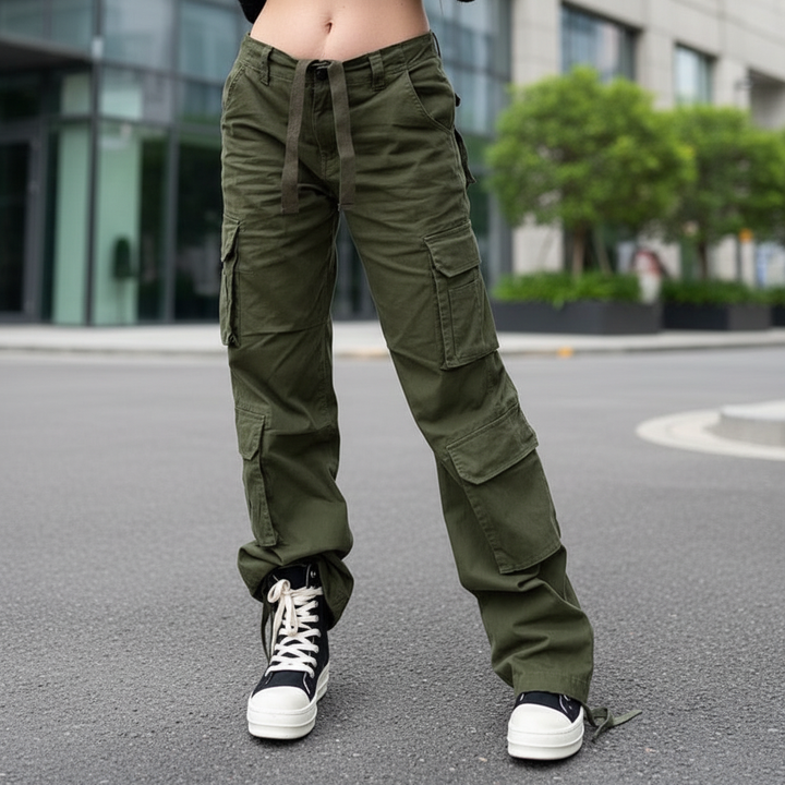 Women's comfortable baggy cargo pants in olive green, relaxed fit, multi-pocket design, front view