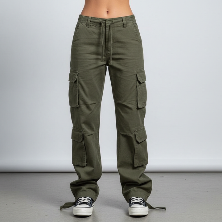 Stylish women's black baggy cargo pants, loose fit, multiple utility pockets, ideal for casual wear