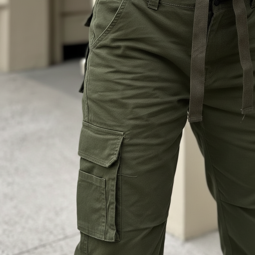 Comfortable women's beige cargo pants, baggy silhouette, large side pockets, perfect for everyday fashion