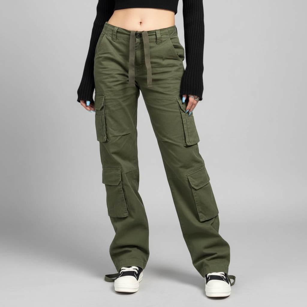 Close-up of the fabric texture and pocket detail on women's grey baggy cargo pants, durable material