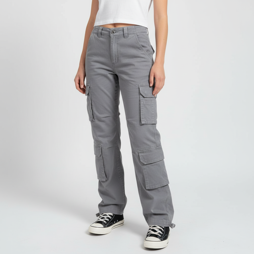 Back view of women's blue baggy cargo pants, loose fit, showing pocket placement and relaxed silhouette