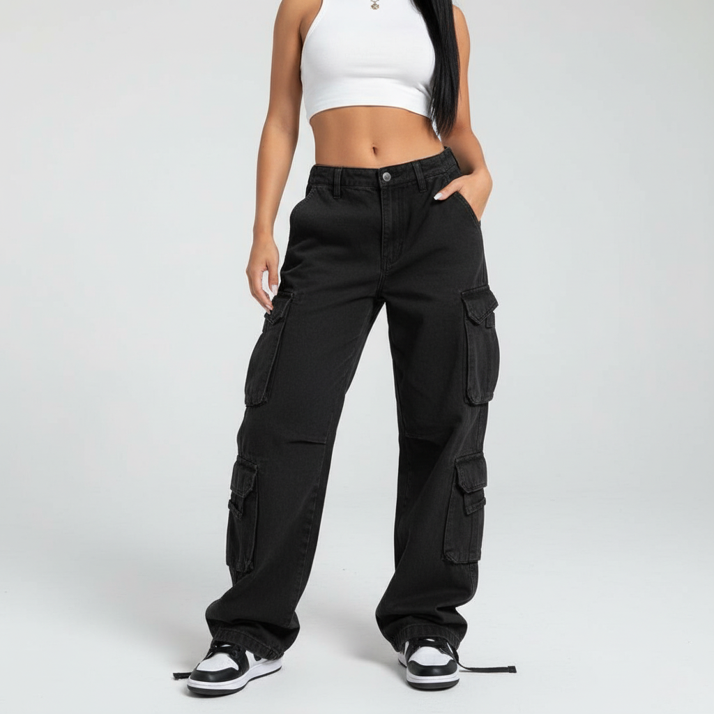 Women's white baggy cargo pants, relaxed and loose fit, featuring practical multi-pockets, front view