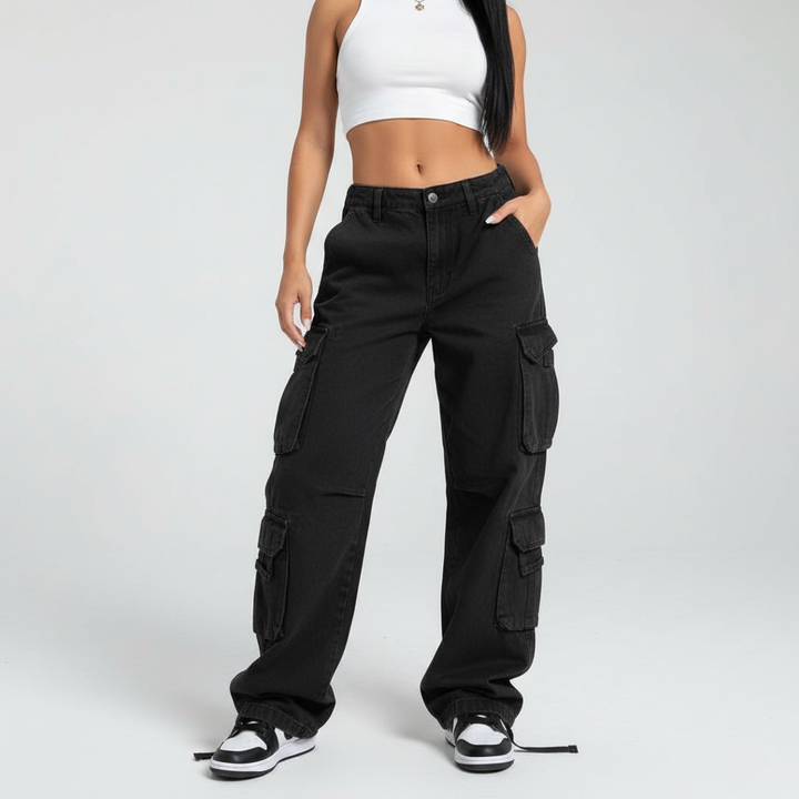 Women's white baggy cargo pants, relaxed and loose fit, featuring practical multi-pockets, front view