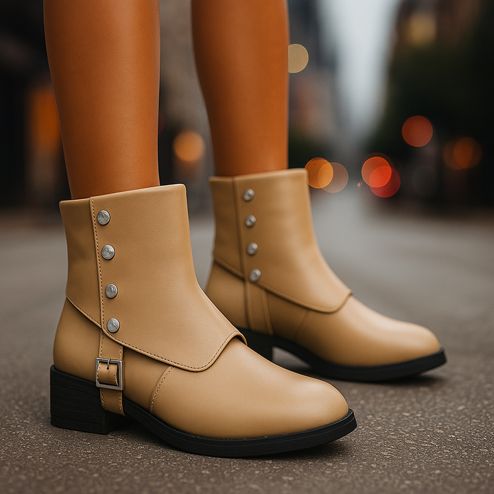 Khaki comfortable ankle boots for women, featuring a low heel for all-day wear. Chic fall fashion.