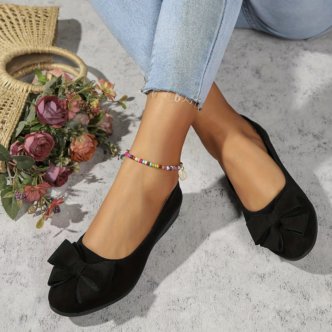 Brown everyday wedge shoes for women, slip-on ballet flats with a delicate bow & round toe.