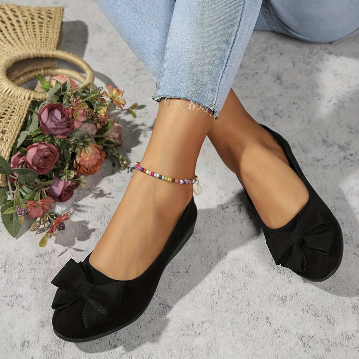 Brown everyday wedge shoes for women, slip-on ballet flats with a delicate bow & round toe.