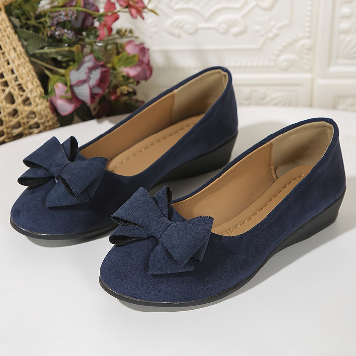 Brown versatile women's casual wedge flats, slip-on, with a cute bow & round toe.