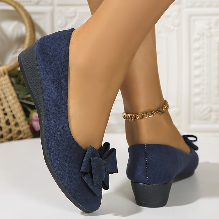 Brown women's versatile slip-on wedge ballet flats, round toe, with a simple bow.