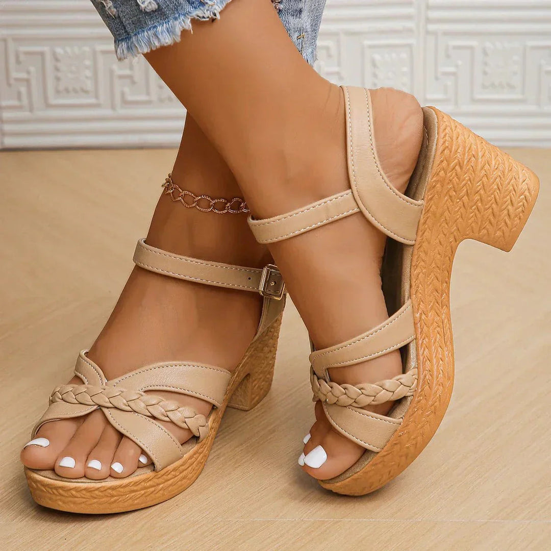 Elegant women's braided block heel sandals with secure ankle strap, perfect for summer dresses.