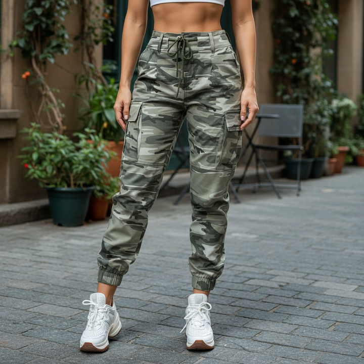 Women's comfortable camouflage cargo pants, straight leg, utility pockets, cotton blend, casual wear