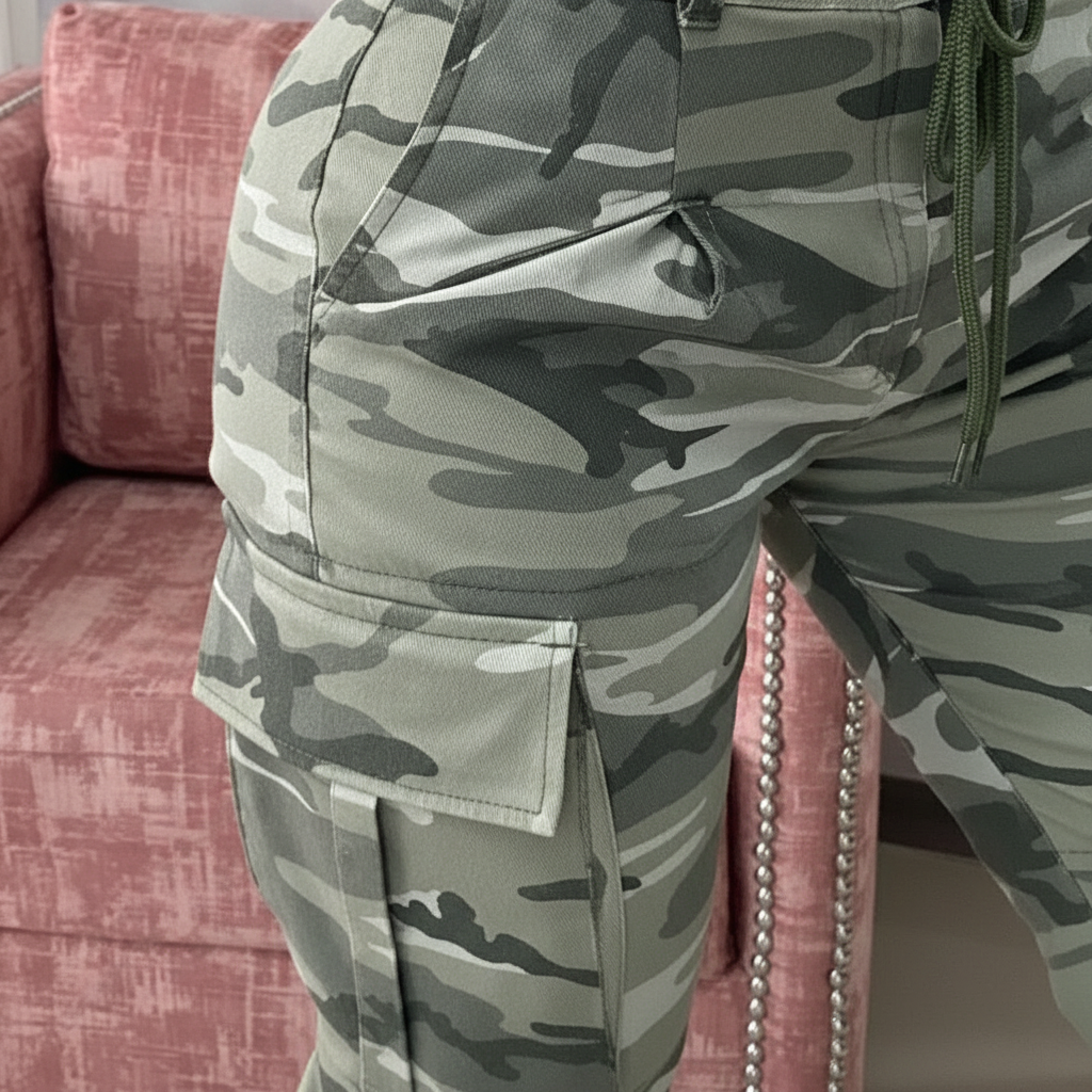 Stylish women's utility trousers in camouflage print, featuring practical pockets and comfortable cotton blend