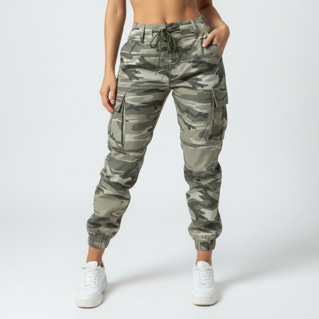 Versatile women's straight leg cargo pants in camo, ideal for everyday wear, with ample pocket storage