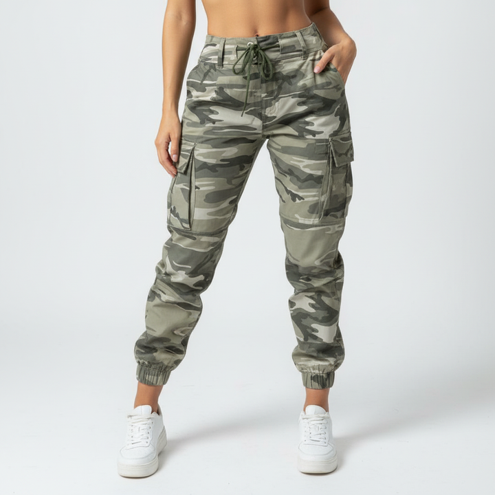 Versatile women's straight leg cargo pants in camo, ideal for everyday wear, with ample pocket storage