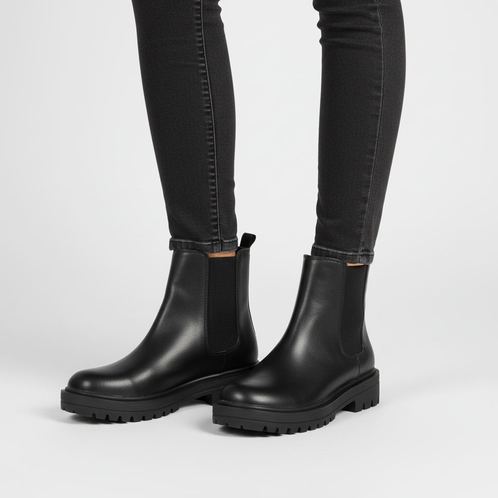 Comfortable women's black Chelsea boots, model wearing for a casual, elegant look