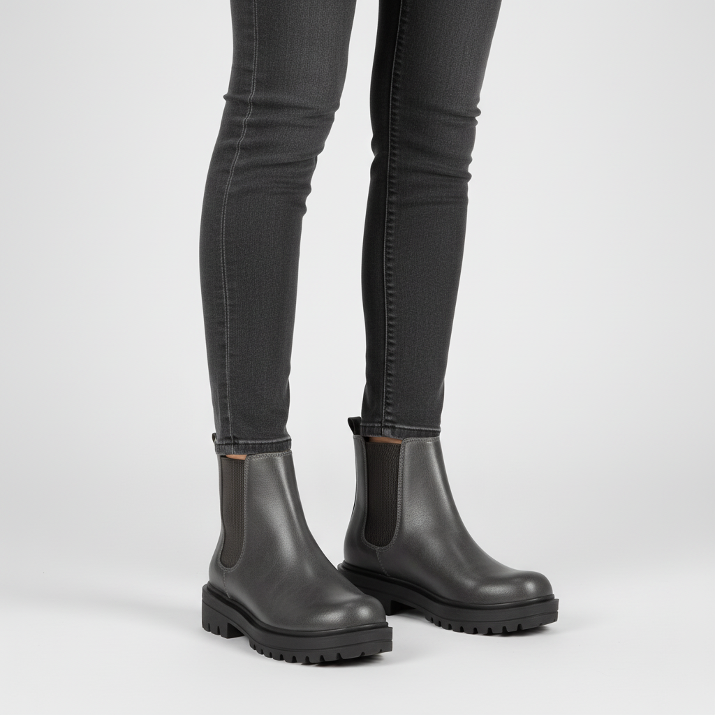 Stylish women's Chelsea ankle boots, close-up of elastic side panel, versatile everyday footwear