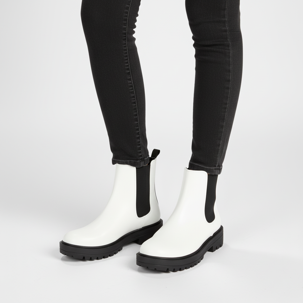 Women's black Chelsea ankle boots on wooden floor, showcasing autumn and winter style