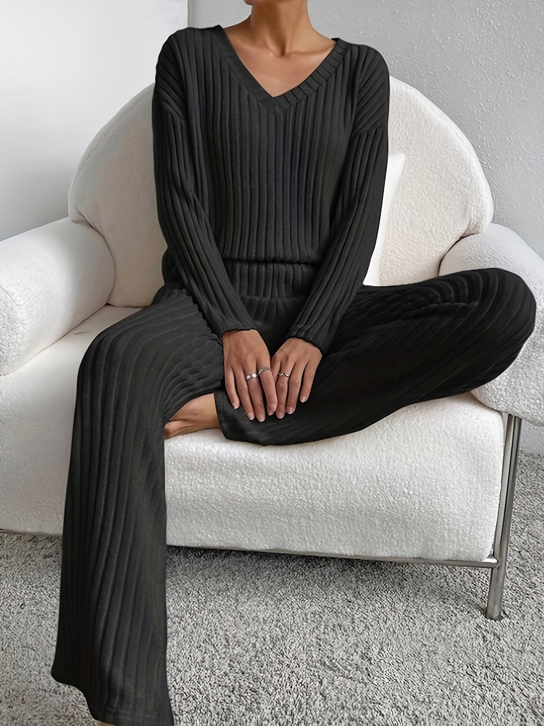 Women's comfortable chill lounge set; relaxed fit v-neck top & wide-leg pants. Perfect for casual wear.