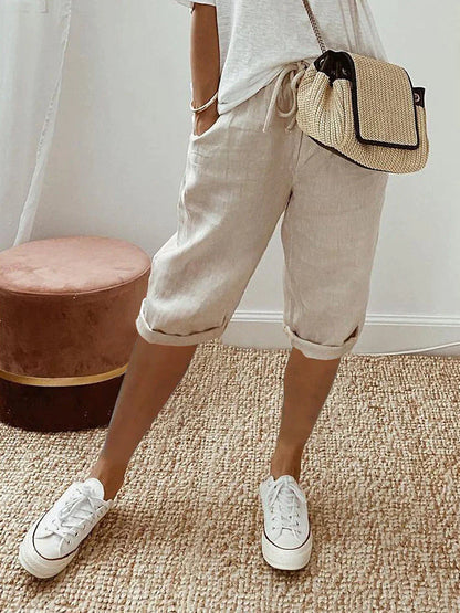 Lightweight women's cotton blend capri trousers, perfect summer bottoms for travel, featuring a relaxed comfortable fit.