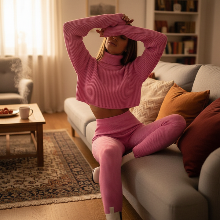 Women's comfortable crop top and fitted trousers loungewear set, ideal for casual autumn wear