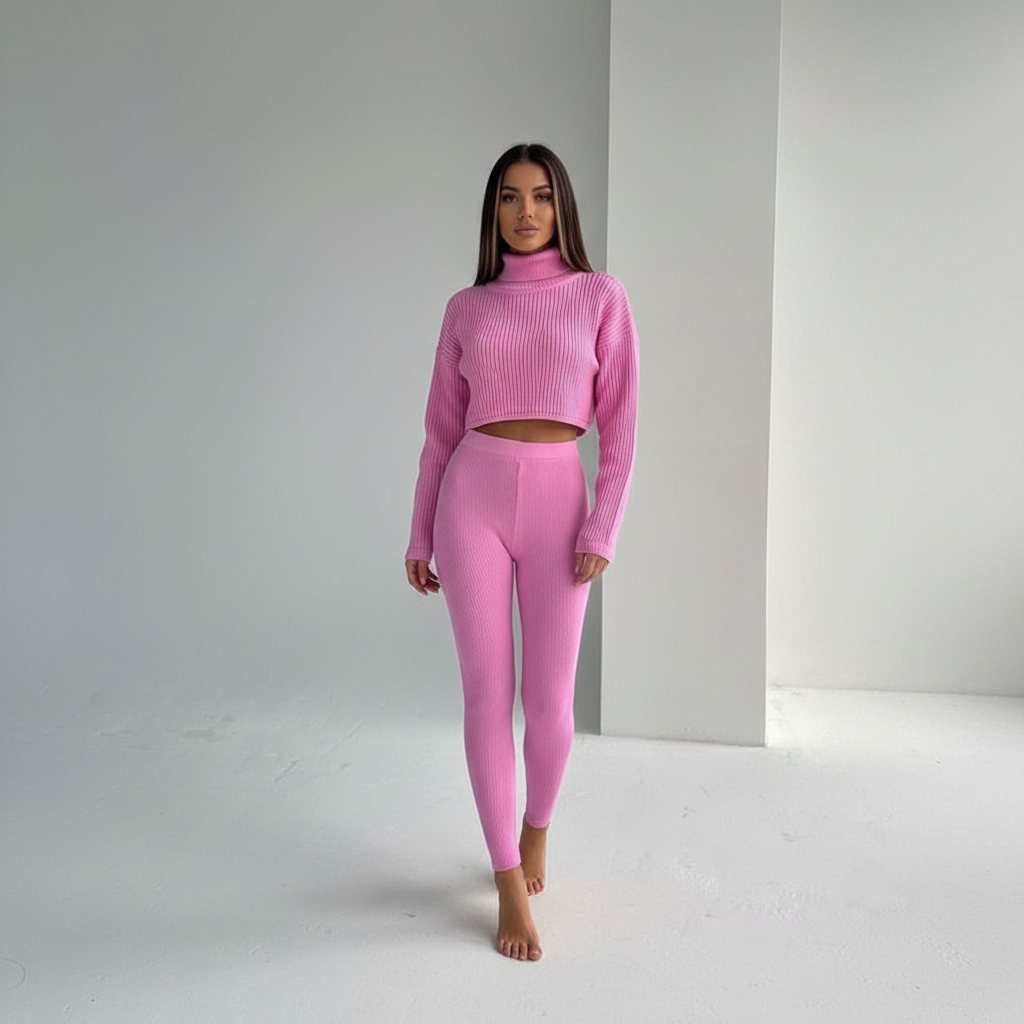 Stylish two-piece women's leisure outfit with a crop top and fitted trousers for comfort