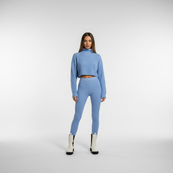 Relaxed yet stylish women's loungewear set featuring a crop top and comfortable fitted trousers