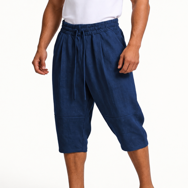 Navy women's cropped drawstring pants, ideal for comfortable casual outfits. Relaxed fit summer fashion.